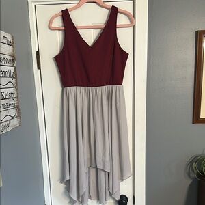 Freeway Two-Tone High-Low Dress Burgundy V-Neck Chiffon Skirt Size L